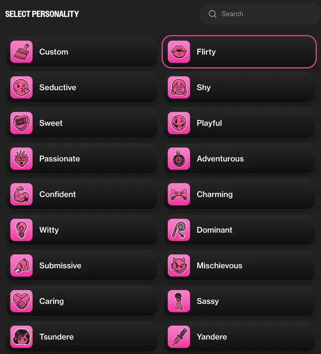 Choosing the AI character's personality